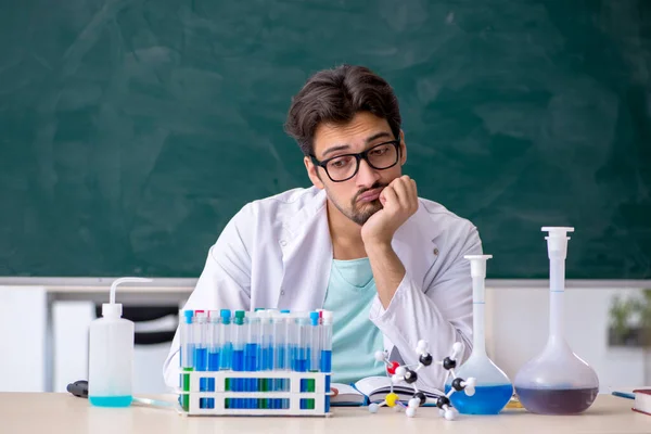 Young Chemist Front Blackboard — Stock Photo, Image