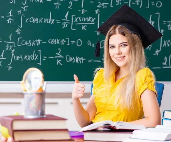 Young Female Student Front Chalkboard — Stock Photo, Image
