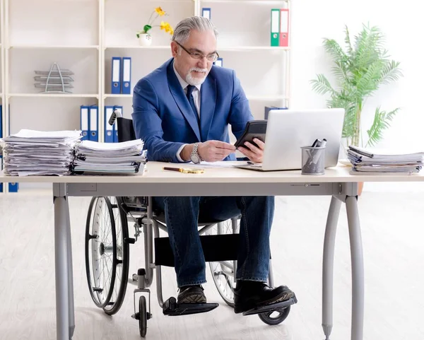 Ηλικιωμένος Εργαζόμενος Αναπηρική Καρέκλα Που Εργάζεται Στο Γραφείο — Φωτογραφία Αρχείου