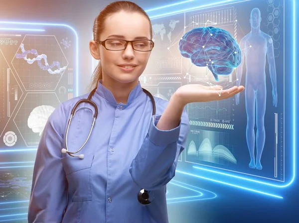 Kvinnlig Läkare Med Hjärnan Medicinska Begrepp — Stockfoto