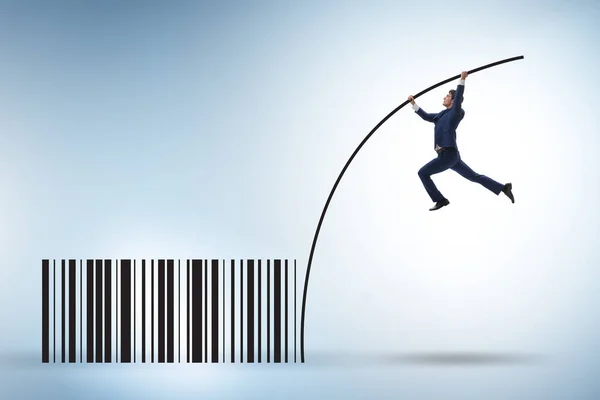 Businessman Jumping Bar Code Pole Vaulting — Stock Photo, Image