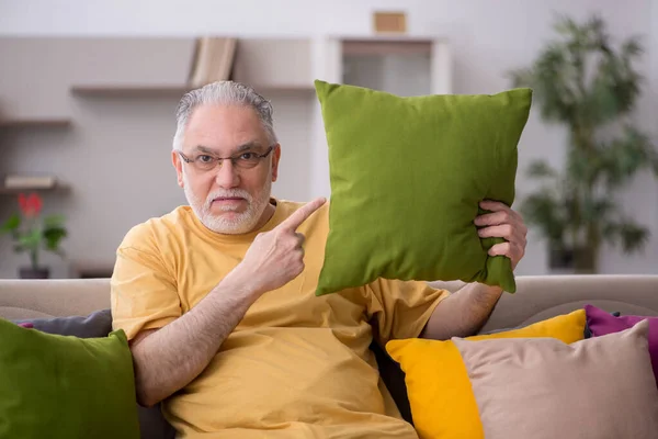 Aged Man Many Pillows Home — Stock Photo, Image