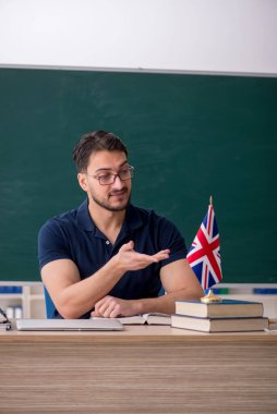 Yeşil panonun önünde İngilizce öğretmeni