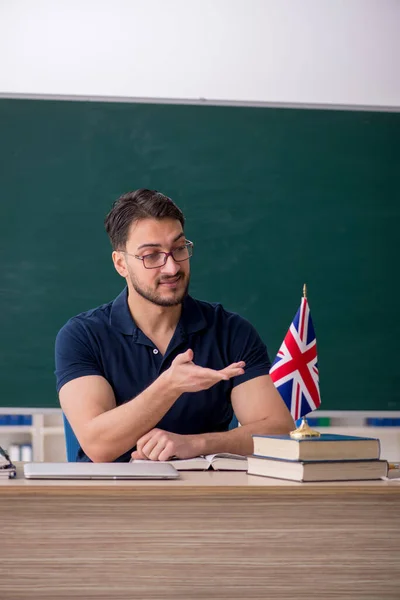 English language teacher in front of green board