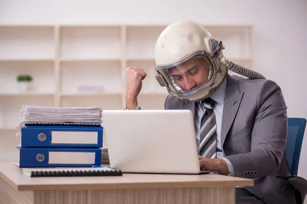 Young Businessman Employee Wearing Spacesuit Workplace — Fotografie, imagine de stoc
