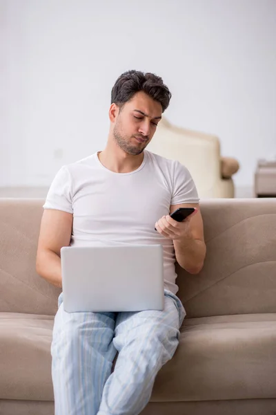 Young Lazy Man Starting Day Home — Stock Photo, Image