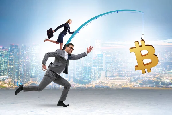 Business People Chasing Bitcoin Fishing Rod — Stock Photo, Image