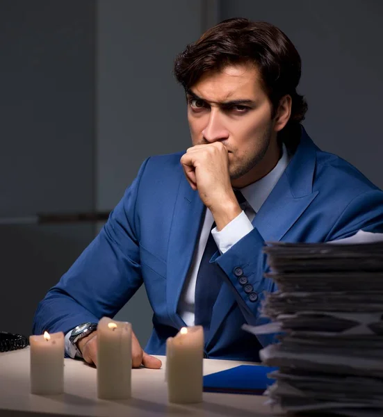 Businessman Working Late Office Candle Light — Stock Photo, Image