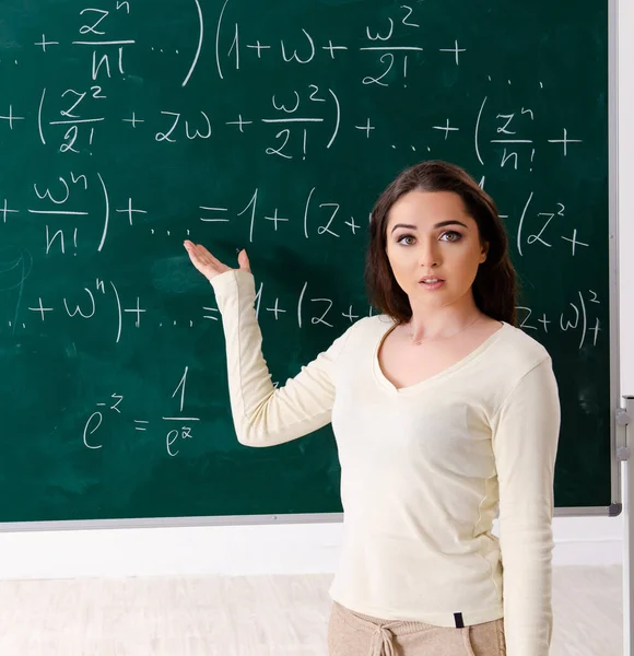 Young Female Math Teacher Front Chalkboard — Stock Photo, Image