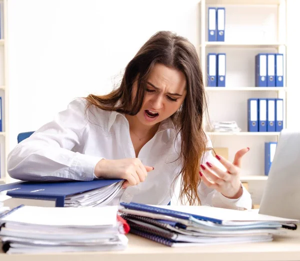 Young Female Employee Unhappy Excessive Work — Stock Fotó