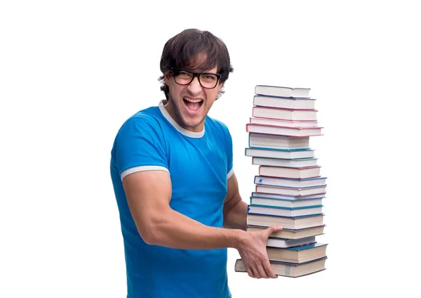 Birçok Kitabı Olan Erkek Öğrenci Beyaza Izole Edilmiş — Stok fotoğraf