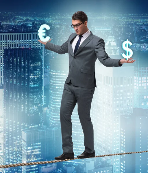 Businessman Balancing Choosing Dollar Euro — Stock Photo, Image