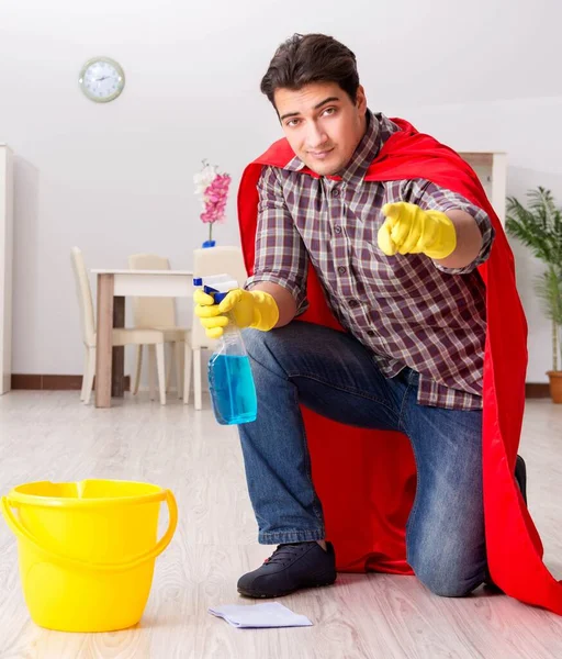 Super Hero Husband Cleaning Floor Home — Stock Photo, Image