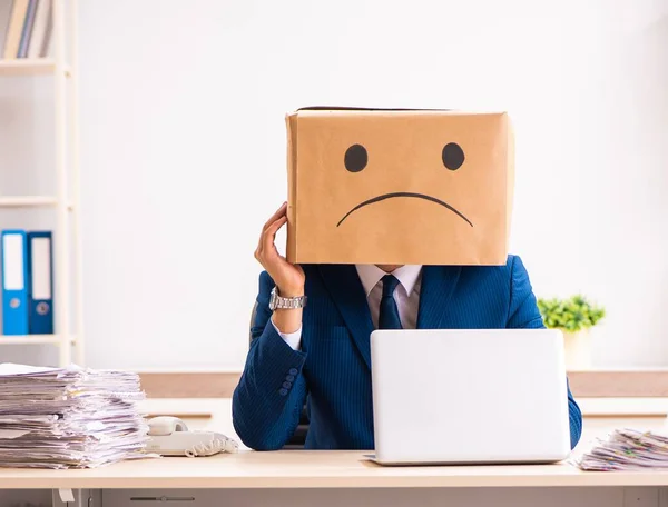 Unhappy Man Employee Box Instead His Head — Stock Photo, Image