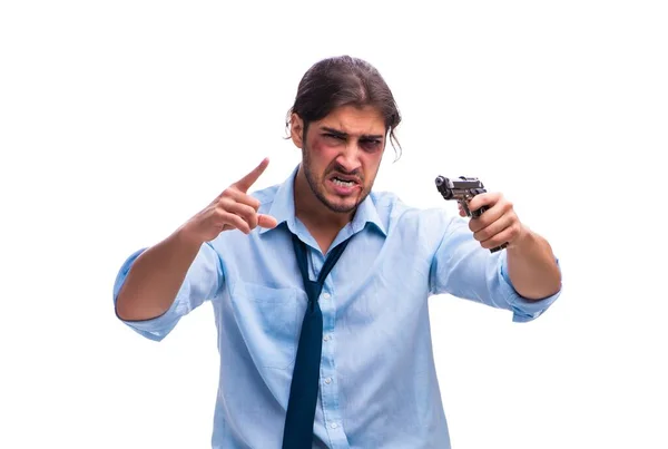 Despaired Young Employee Holding Handgun — Stock Photo, Image
