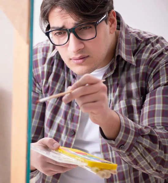 Young Male Artist Drawing Pictures Bright Studio — Stock Photo, Image