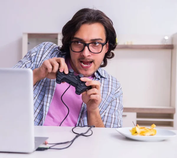 Male Student Playing Computer Games Home — Stock Photo, Image