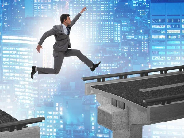 Young Businessman Jumping Bridge — Stock Photo, Image