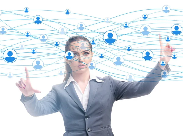Vrouw Drukt Virtuele Knop Het Sociale Netwerk Concept — Stockfoto