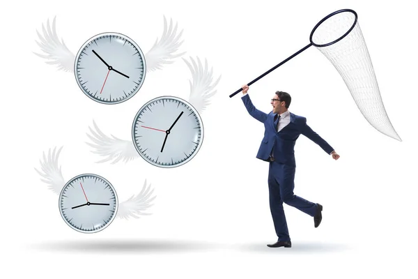 Termin Koncepcji Biznesmenem Chwytającym Zegary — Zdjęcie stockowe