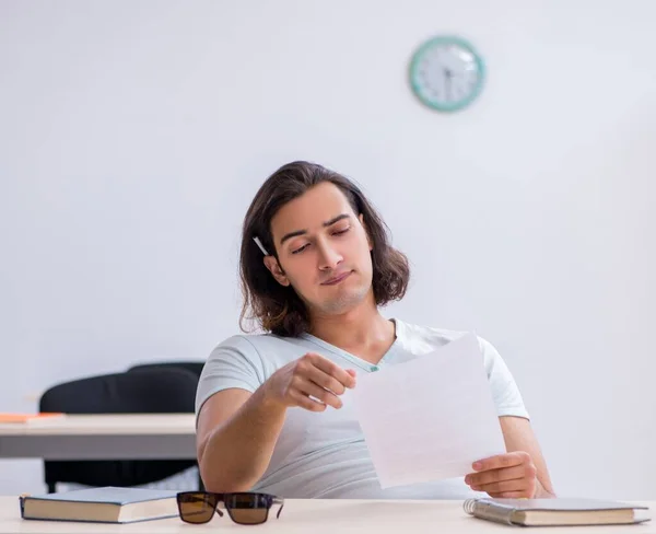 Male Unhappy Student Burning Exam Paper Classroom — Stock Photo, Image