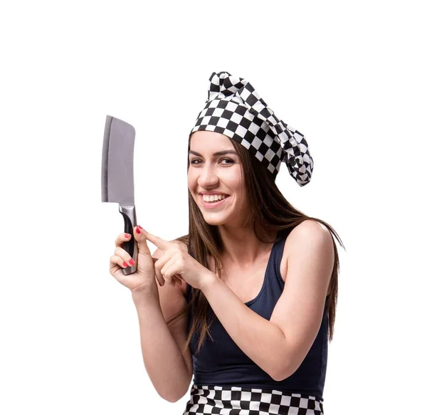 Genç Kadın Aşçı Beyaz Arka Planda Izole Edilmiş — Stok fotoğraf
