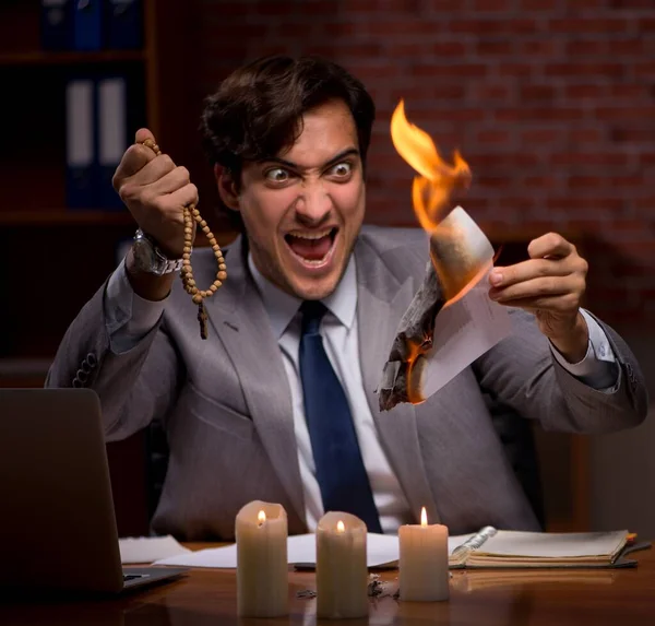 Businessman Burning Evidence Late Office — Stock Photo, Image