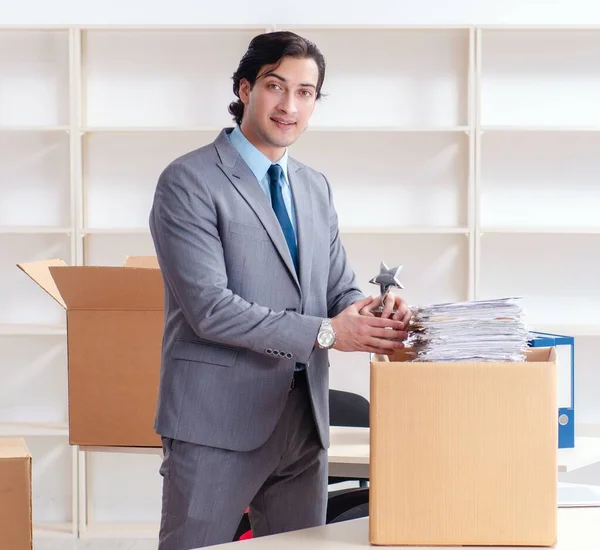 Young Man Employee Boxes Office — Zdjęcie stockowe