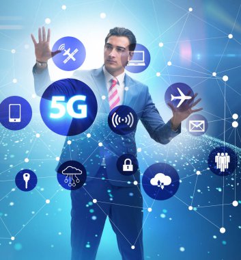 The 5g internet concept with businessman pressing buttons