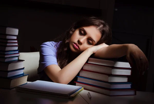 Young Female Student Preparing Exams Late Home — Stock Photo, Image