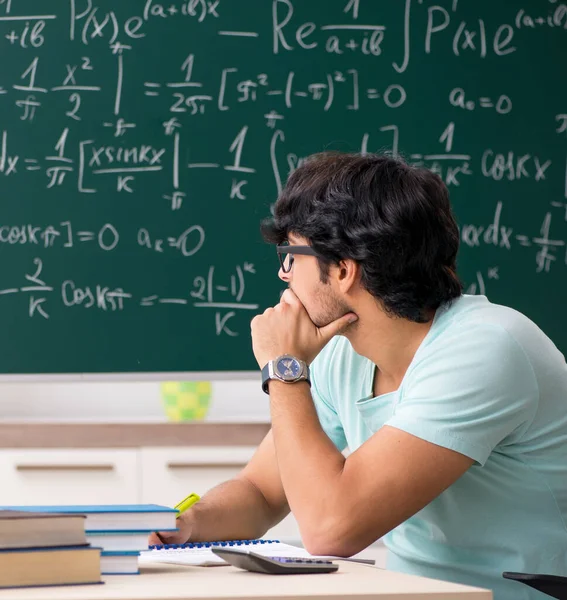 Young Male Student Mathematician Front Chalkboard — Stock Photo, Image