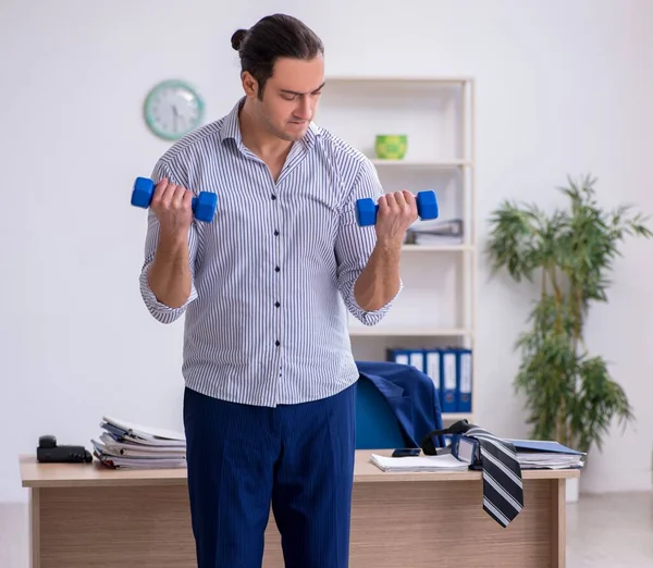 Handsome Male Employee Doing Exercises Office — Stock Photo, Image