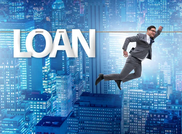 Debt Loan Concept Businessman Walking Tight Rope — Stok fotoğraf