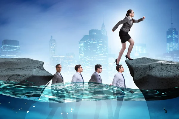 Inequal Competition Concept Businesswoman Walking Heads — Stock Photo, Image