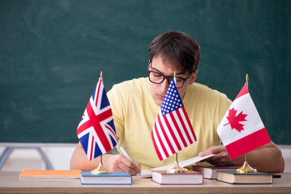 Young English language teacher sitting in the classroom