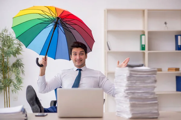 Young Employee Holding Umbrella Workplace — Stockfoto