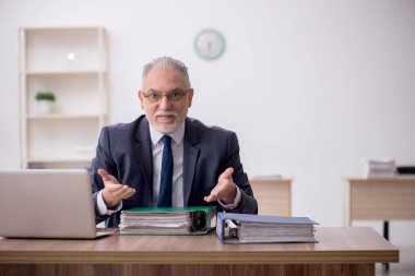 Old employee sitting at workplace
