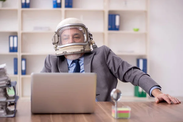 Old Employee Wearing Spacesuit Office — 스톡 사진