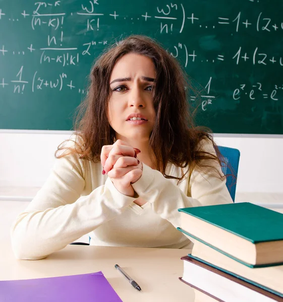 Young Female Math Teacher Front Chalkboard — Stock Photo, Image
