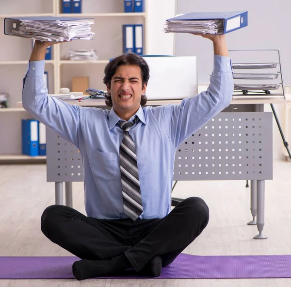 Young Handsome Male Employee Doing Exercises Office — Stock Photo, Image