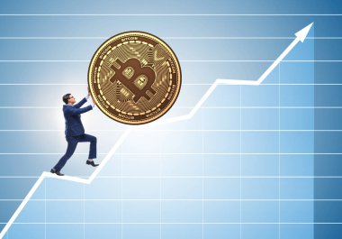 İş adamı kripto para zinciri engelleme kavramında bitcoin basıyor
