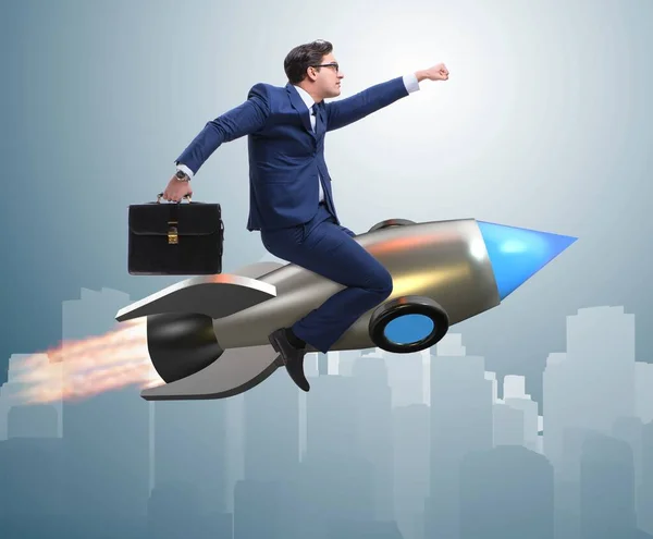 The businessman flying on rocket in business concept