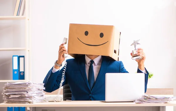 Happy Man Employee Box Instead His Head — Stock Photo, Image