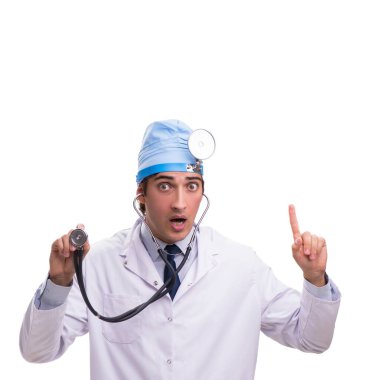 Genç, yakışıklı doktor otolargolog beyazı izole etti.