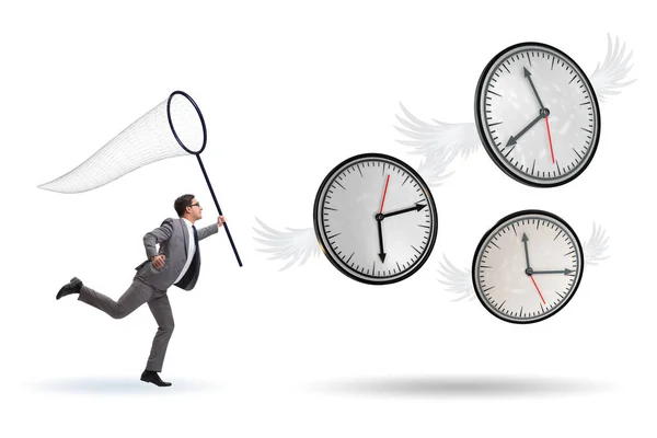 Termin Koncepcji Biznesmenem Chwytającym Zegary — Zdjęcie stockowe