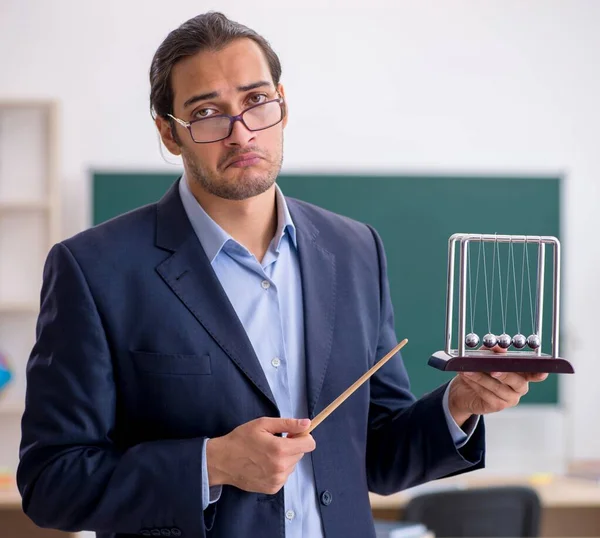 Young Teacher Physicist Front Green Board — Stock Photo, Image