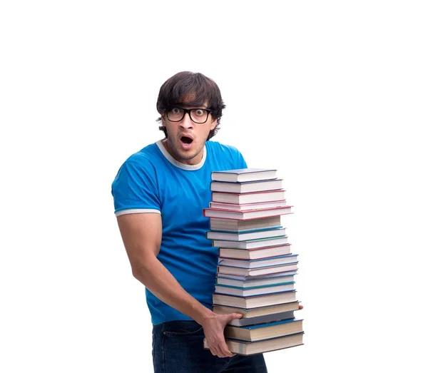 Estudante Sexo Masculino Com Muitos Livros Isolados Branco — Fotografia de Stock
