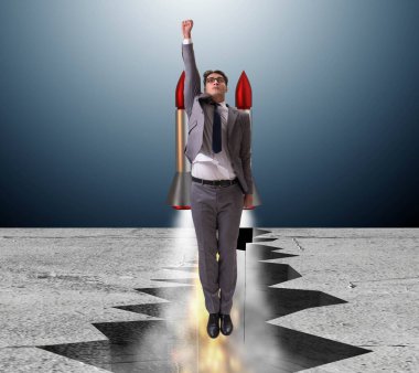 İş adamı roketle kaya boşluğundan uçuyor