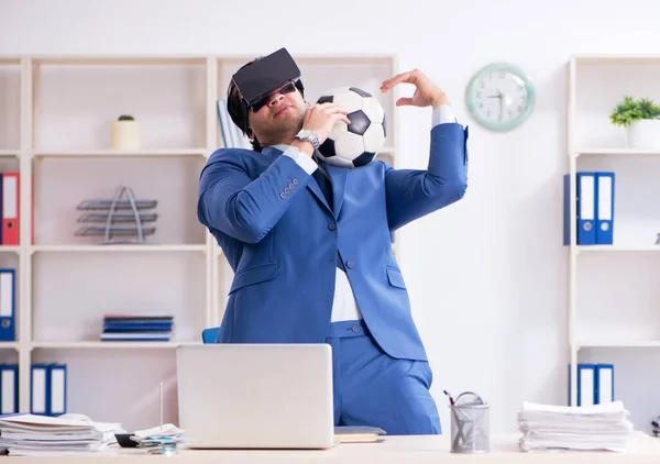 Young Handsome Businessman Playing Soccer Virtual Glasses — Foto de Stock