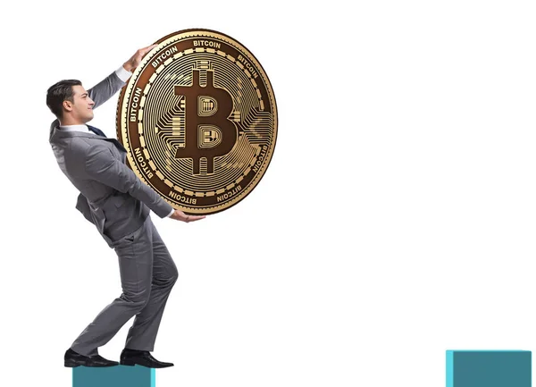 Biznesmen Trzyma Bitcoin Kryptowaluta Koncepcji Blockchain — Zdjęcie stockowe